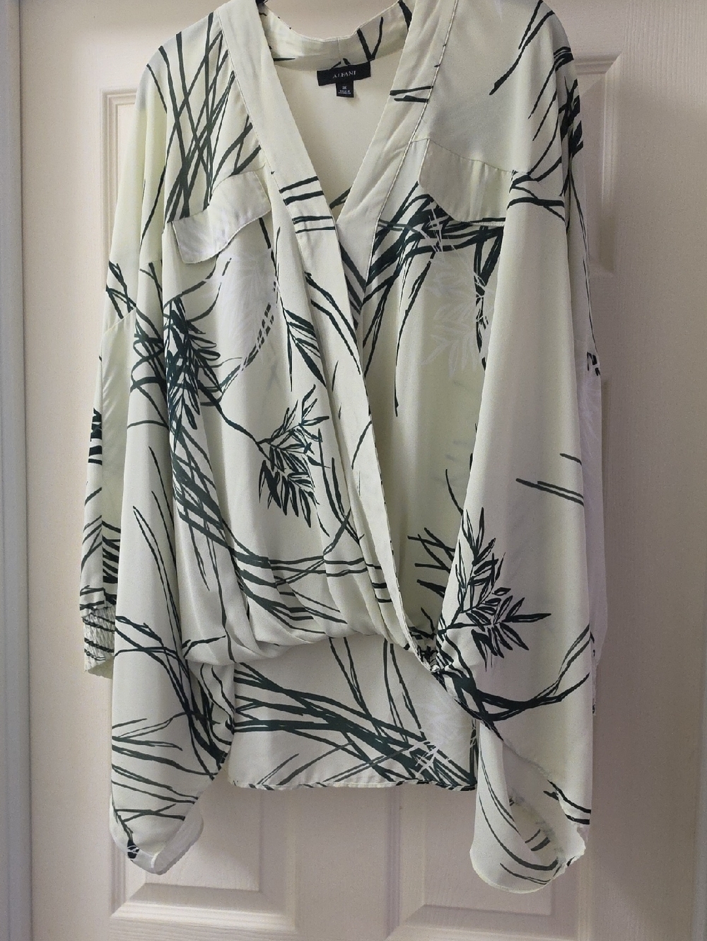 Alfani Cream Blouse with Dark Green Botanical Motif